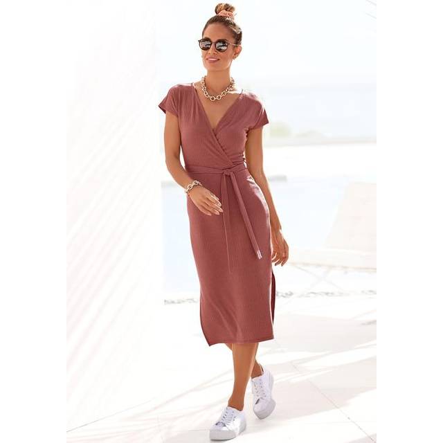 LASCANA Mock Wrap Tie Waist Jersey Dress - Terracotta