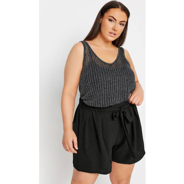 Yours Curve Black Textured Satin Belted Shorts, Women's Curve & Plus Size, Yours - 30-32