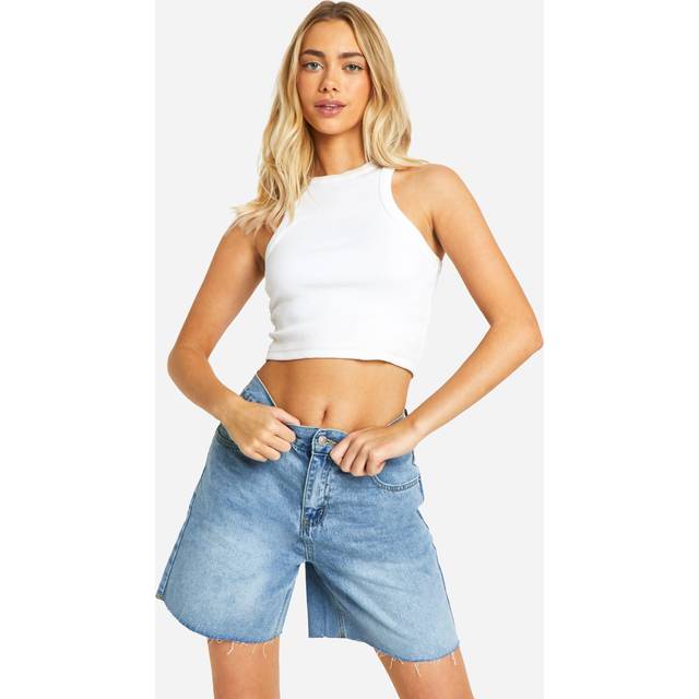 Womens Faded Fray Hem Longline Denim Shorts - Blue - 6