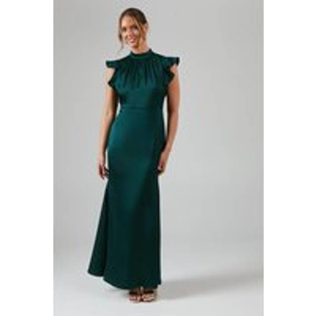 Coast womens maxi dress emerald satin flutter sleeve high neck bridesmaids
