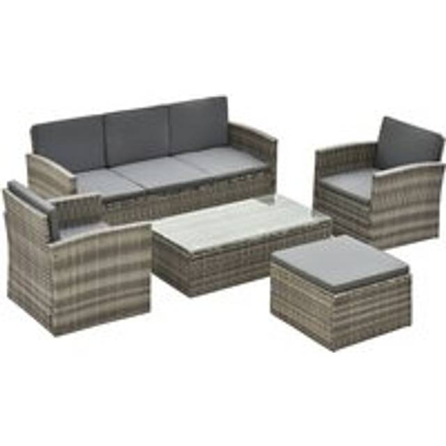 Outsunny 5 PCs Rattan Cushion 3-Seater Single Sofa Stool Glass Coffee Table