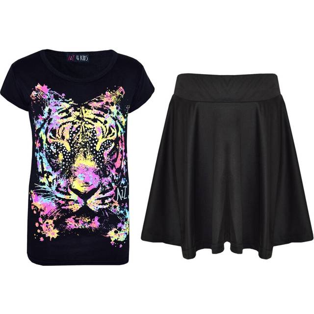 (13 Years, Black Top & Skater Skirt) Kids Girls Multi Tiger Print Trendy T Shirt Top & Fashion Legging Set 7-13 Year