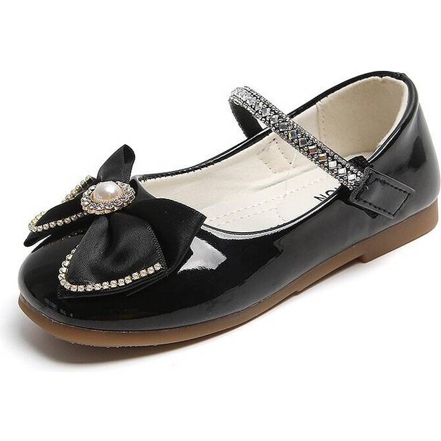 (Black, UK 1) GIRLS PRINCESS SHOES WEDDING PARTY DANCE SHOES LEATHER FLAT BALLET SHOES SIZE