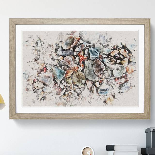 Shells on the Beach Vol.2 Watercolour - Picture Frame Graphic Art - Oak (36cm H x 48cm W x 2cm D)