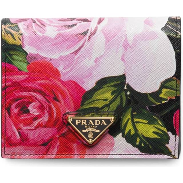 Prada Small Saffiano Leather Floral Bifold Wallet - Black - One size