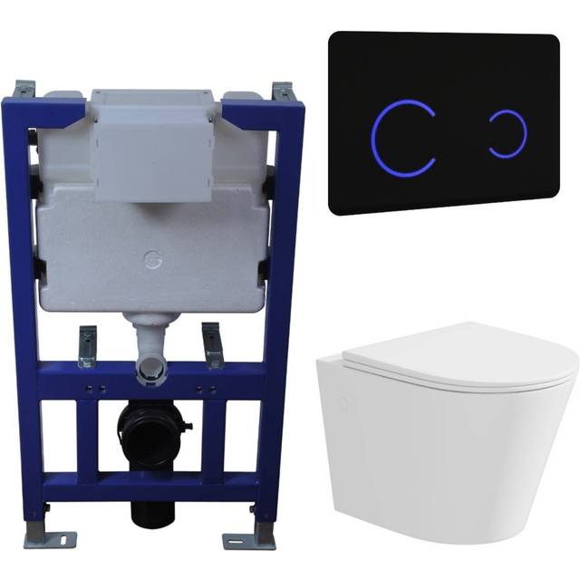 Matt White Wall Hung Rimless Toilet with Soft Close Seat Black Glass Sensor Pneumatic Flush Plate 820mm Frame & Cistern