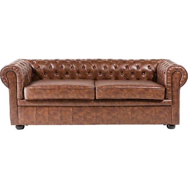 Beliani 3 Seater Sofa Faux Leather Golden Brown Chesterfield, Brown