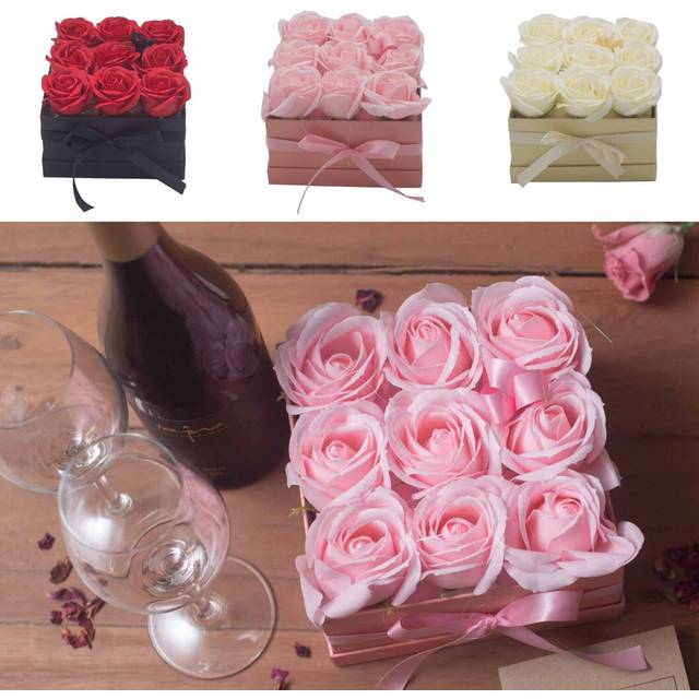 Soap Flower Gift Bouquet - 9 Cream Roses - Square