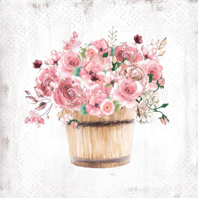 Pink Floral Bucket on Pattern - Wrapped Canvas Painting Print (76cm H x 76cm W x 3.8cm D)
