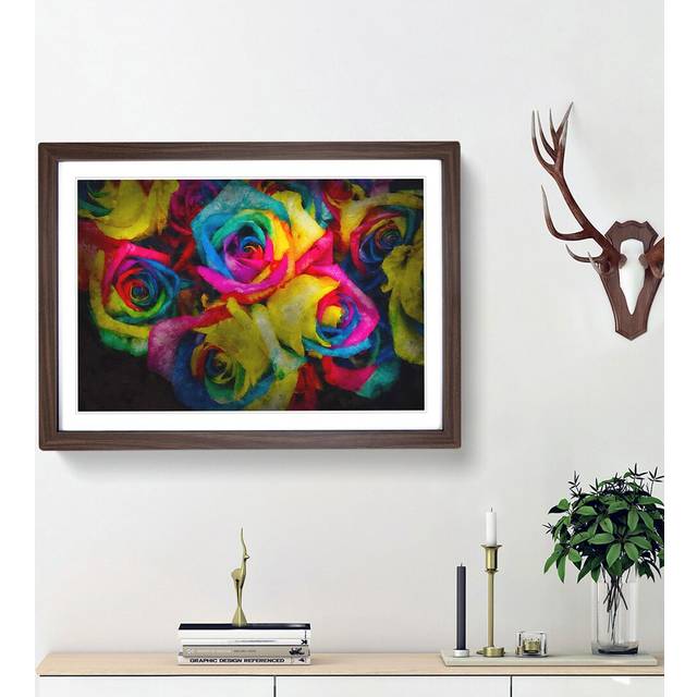 Multi-Coloured Rainbow Roses - Picture Frame Graphic Art Print - Walnut Framed (62cm H x 87cm W x 2cm D)
