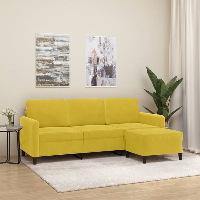 3-sitssoffa med fotpall gul 180 cm sammet