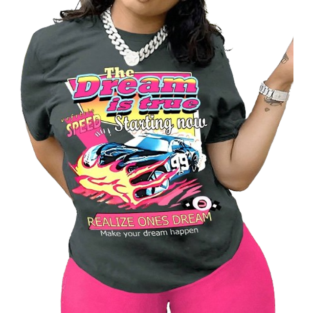 SHEIN Women Summer Slogan Car Print Casual Short Sleeve T-Shirt With Round Neck The Dream Is True Starting Now Vefrtcls SPEED 199 REALIZE ONES DREAM Make Yo