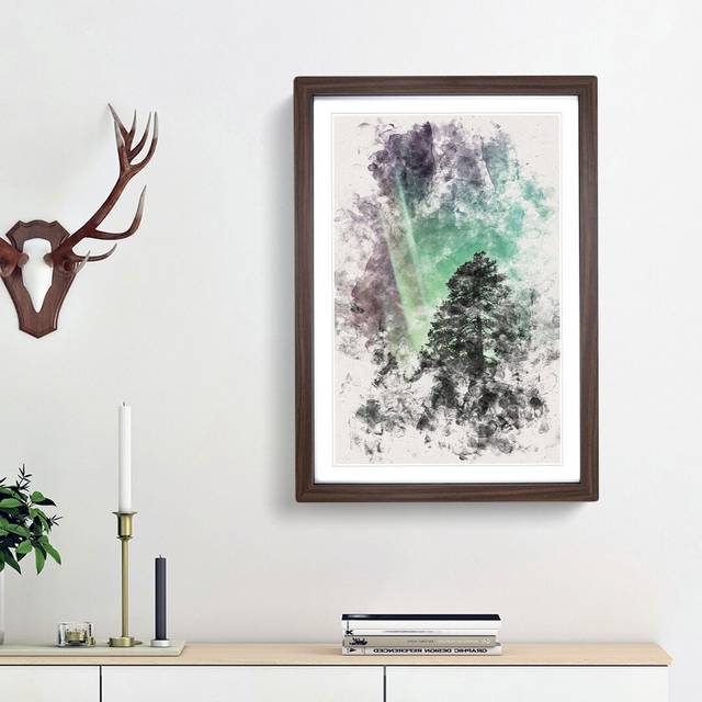 Northern Lights over the Forest - Picture Frame Painting Print - Walnut Framed (33cm H x 24cm W x 2cm D)