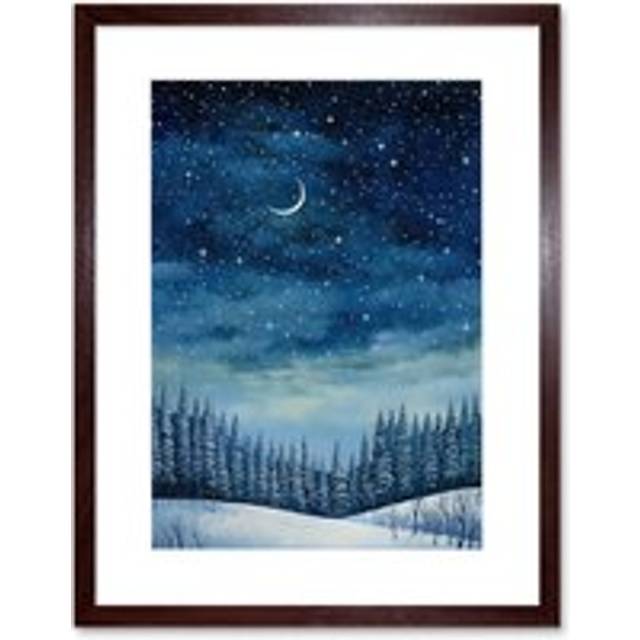 Wall Art Print Clear Sky Starry Night in Forest Covered with Snow Oil Painting Crescent Moon Winter Landscape Artwork Framed 9X7 Inch - Brown - W7 inc - W7 inch x H9 inch