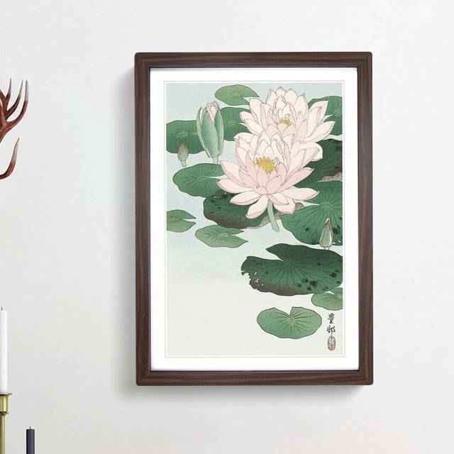 Pink Water Lilies by Ohara Koson - Picture Frame Painting Print - Walnut Framed (65cm H x 48cm W x 2cm D)