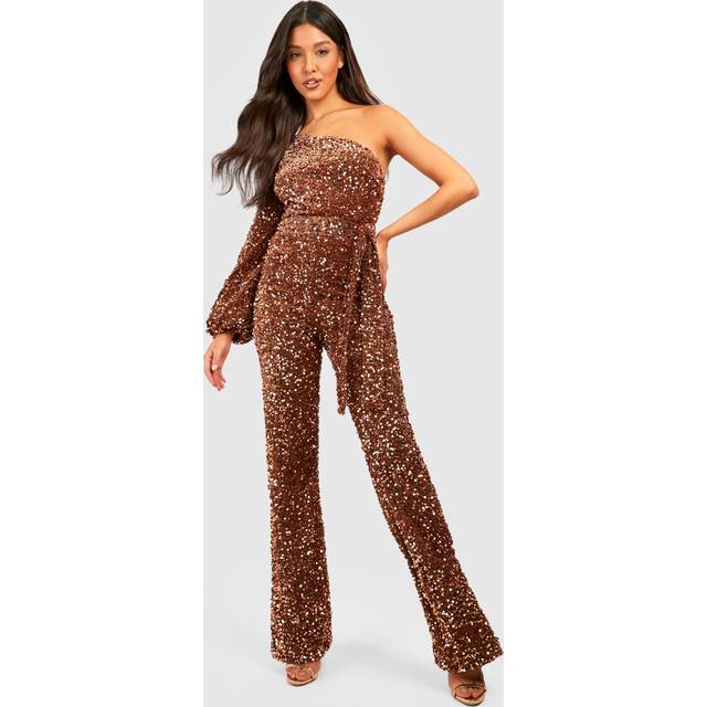 Womens Velvet Sequin Volume Sleeve Jumpsuit - Bronze - 12, Bronze