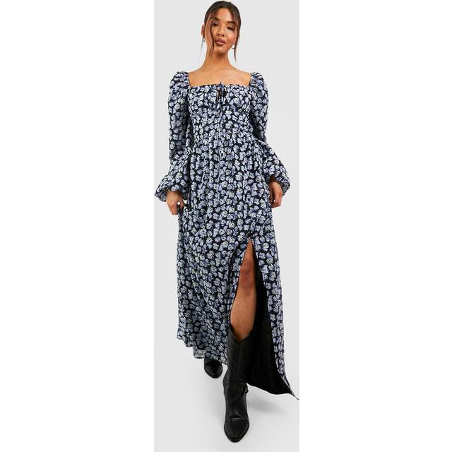 Womens Floral Puff Sleeve Rouched Bust Maxi Milkmaid Dress - Black - 8, Black