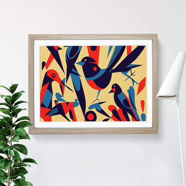 Magnetic Abstract Birds - Picture Frame Graphic Art - Oak (46cm H x 64cm W x 2cm D)