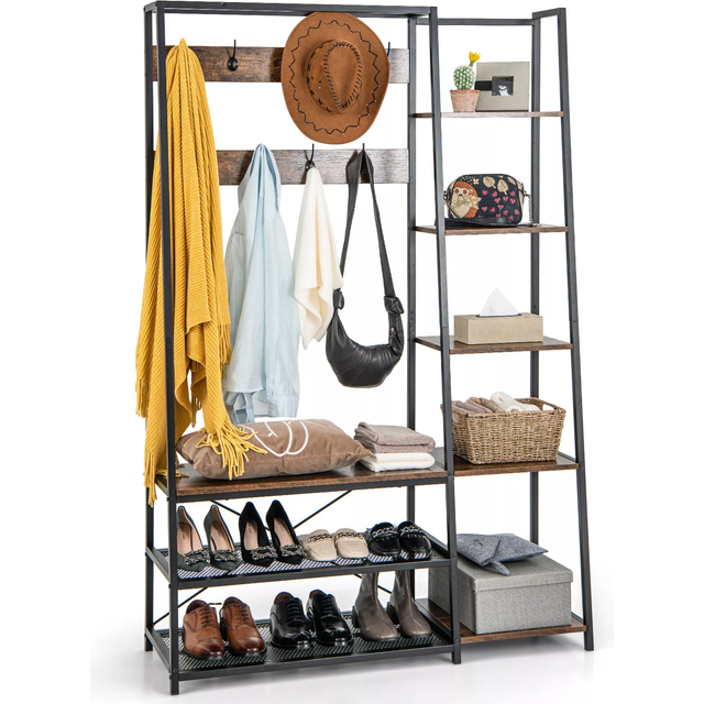 Hall Tree with Storage Bench 5-in-1 Entryway Bench with 9 Hooks-Rustic Brown