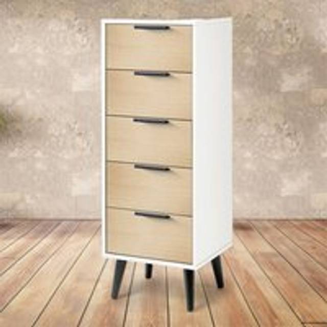 Marlborough - Oak and Matt White Narrow Chest of Drawers (5 Drawers)