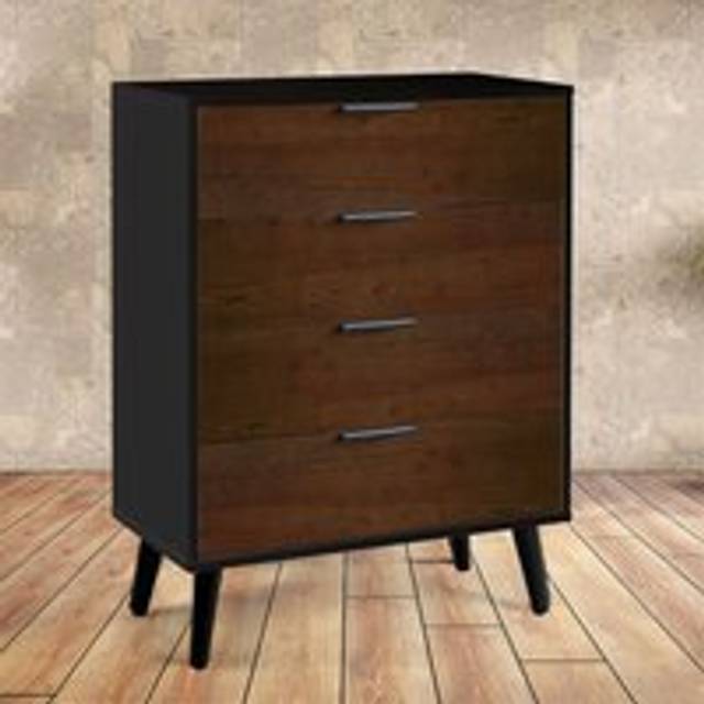 Walnut Oak and Matt Black Wide Chest of Drawers (4 Drawers)