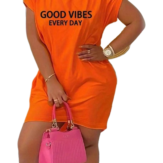 SHEIN Plus Size Letter Print Short Sleeve Dress, Summer