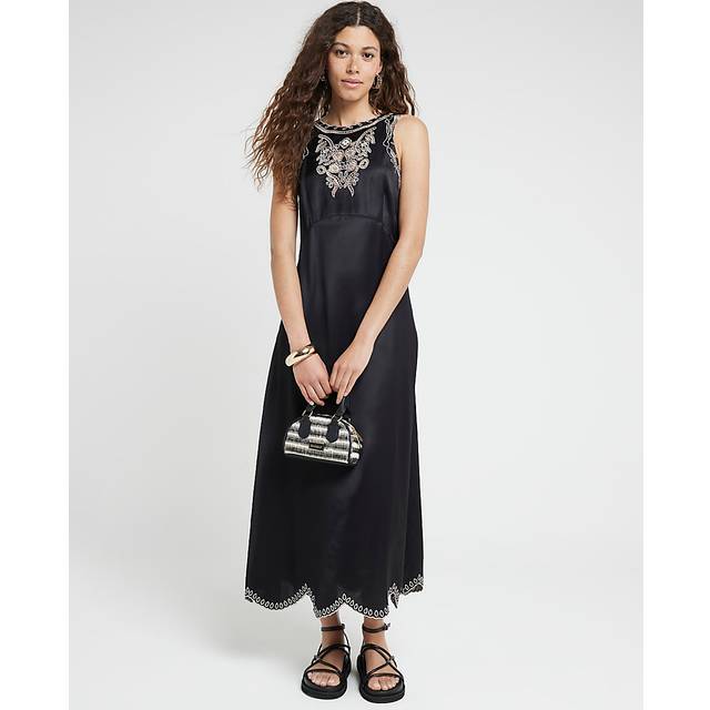 River Island Womens Black Broderie Slip Midi Dress - 16