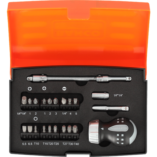 Bahco 808050-S22 22 Piece Stubby Ratchet Screwdriver and Bit Set 1/4"