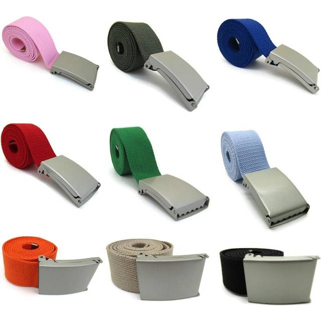 Unisex Cotton Fabric Plain Canvas Brushed Silver Buckle Belt Up To Size 16 38