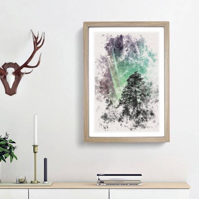 Northern Lights over the Forest - Picture Frame Painting Print - Oak Framed (33cm H x 24cm W x 2cm D)