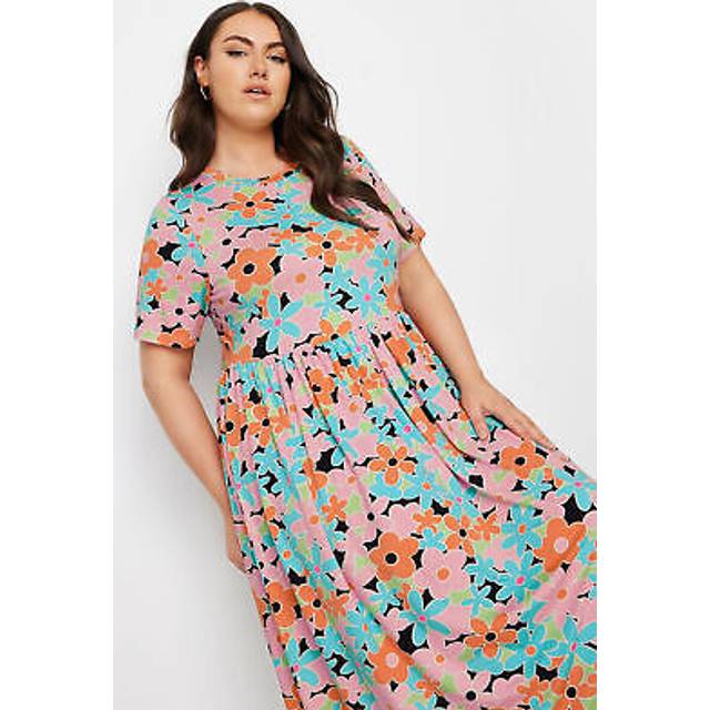 Yours Curve Orange & Blue Retro Floral Print Smock Midi Dress, Women's Curve & Plus Size, Yours - 26-28