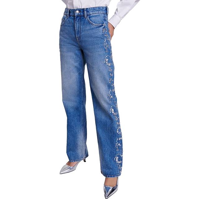 Maje Womens Bleus Sequin-embroidered Wide-leg High-rise Denim Jeans 10