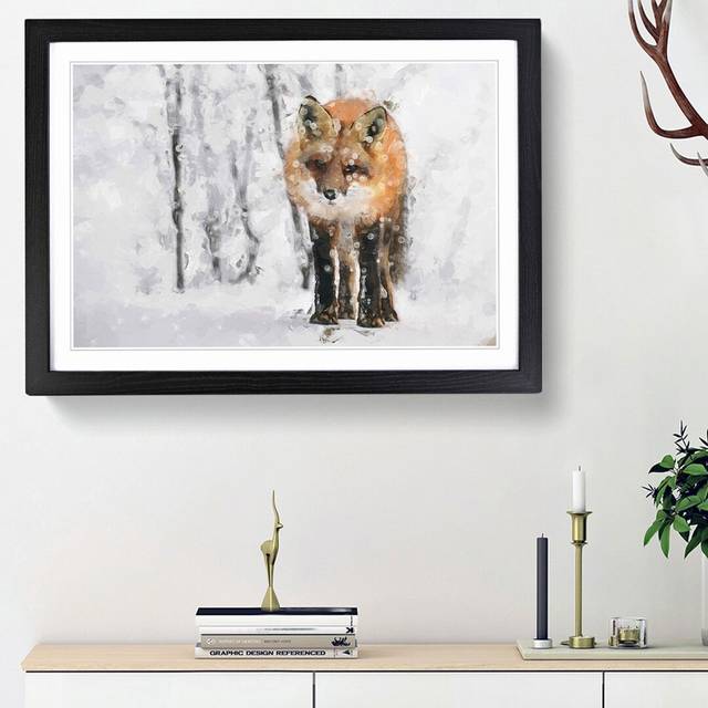 Red Fox in a Winter Forest in Abstract - Picture Frame Painting Print on MDF - Black Framed (62cm H x 87cm W x 2cm D)