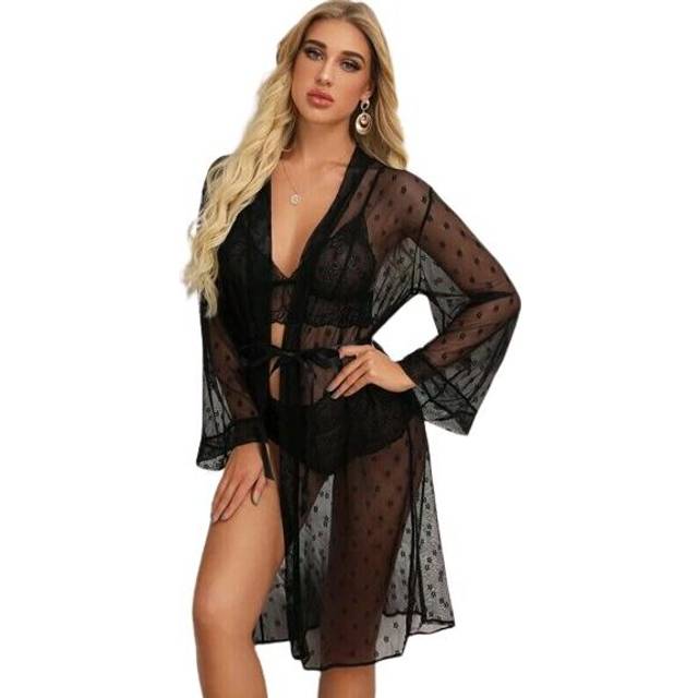 (M, black) Women's Sexy Transparent Lace Lingerie Sexy Set Mesh Three-piece Set