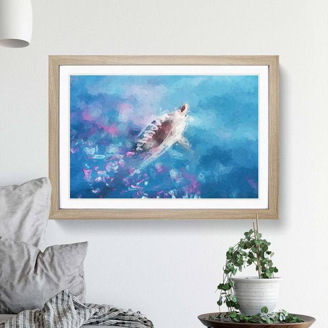 Swimming Dolphin in Abstract - Picture Frame Graphic Art Print - Oak Framed (62cm H x 87cm W x 2cm D)