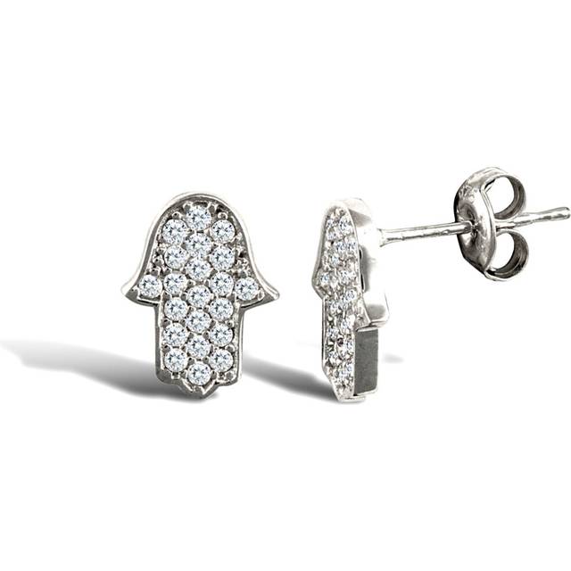 Jewelco London Ladies 9ct White Gold White Round Brilliant Cubic Zirconia Chamsa Hand Stud Earrings - JES326 - Silver