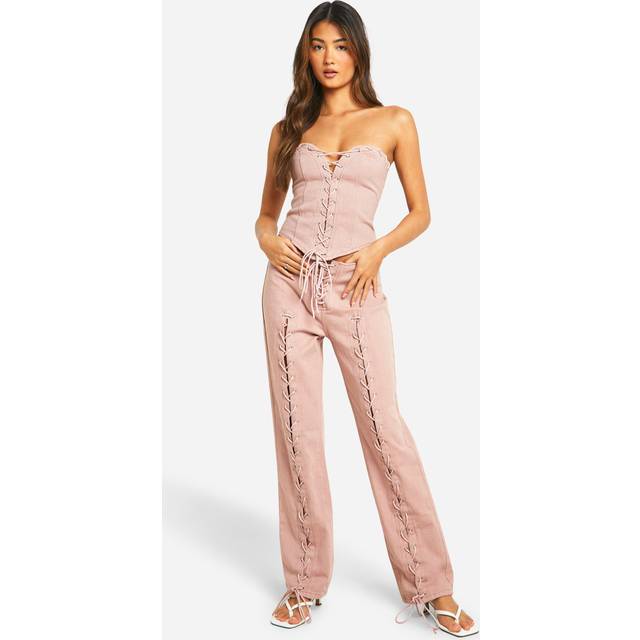 Womens Lace Up Detail Pink Straight Leg Jeans - 14, Pink