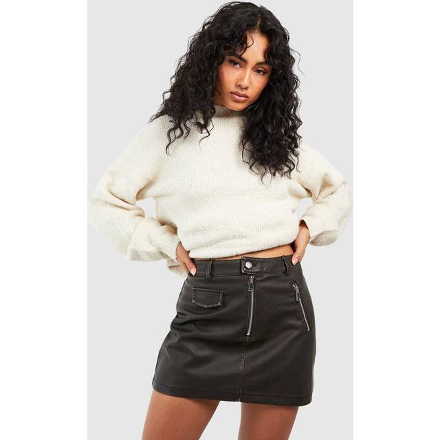 Womens Vintage Look Zip Detail Faux Leather Mini Skirt - Grey - 10