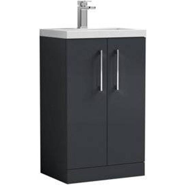 Floor Standing 2 Door Vanity Unit with Polymarble Basin, Soft Black, 500mm