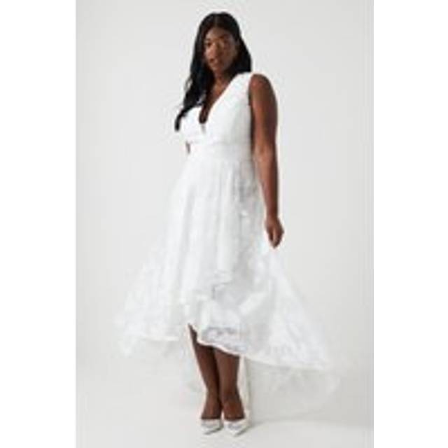 Plus Size Plunge Neck Waterfall Organza Jacquard Maxi Dress - Ivory - 26