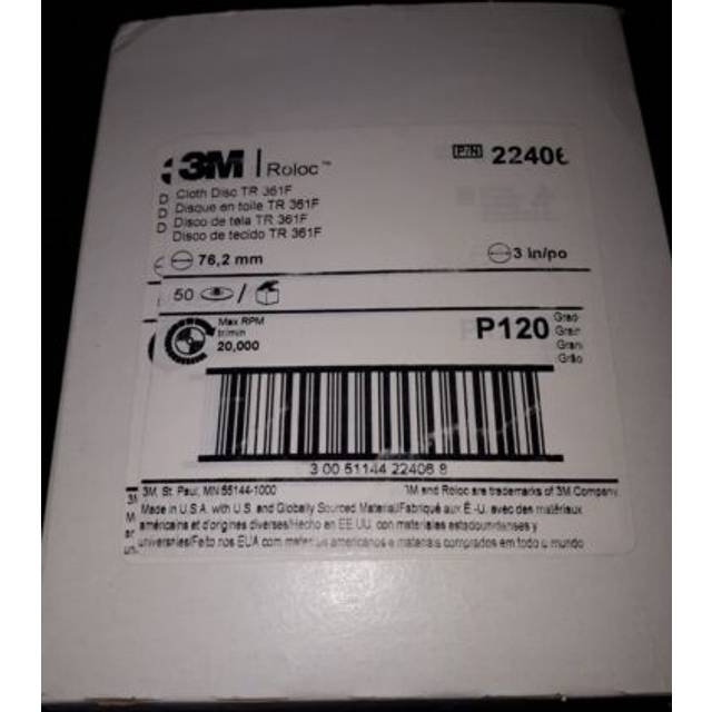3m roloc disc 361f 76.2mm, 120 grit, box of 50 22406