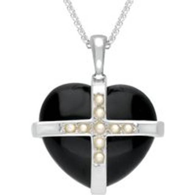 Sterling Silver Whitby Jet Nine Pearl Medium Cross Heart Necklace