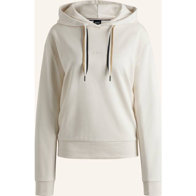 BOSS Logo Print Hoodie With Signature Stripe Cords - Cream, Cream, Size L, Women