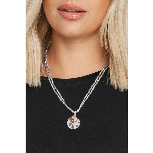 Silver Tone Double Beaded Chain Pendant Necklace - Grey - One Size