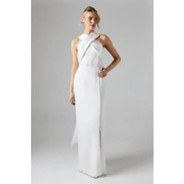 Twill Cross Over Front Bow Back Bridal Maxi Dress - Ivory - 16