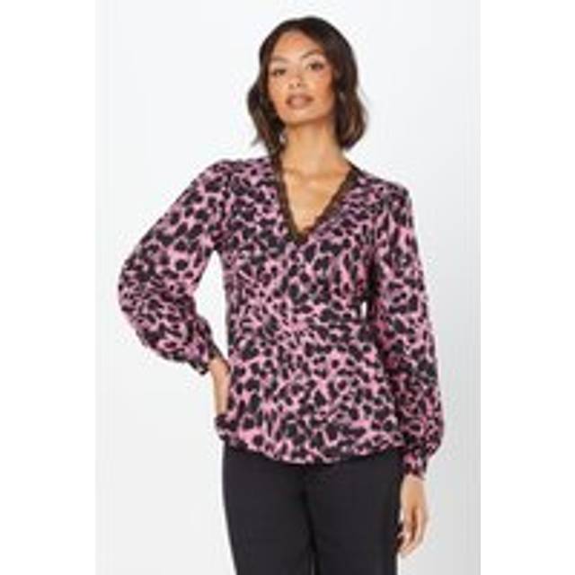 Womens Pink Abstract Lace Trim V Neck Blouse - 14