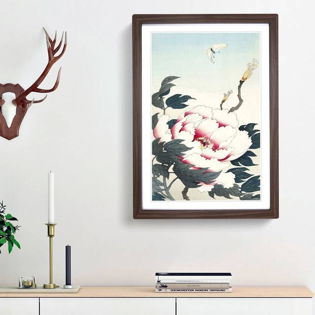 Peony with Butterfly by Ohara Koson - Picture Frame Painting Print - Walnut Framed (36cm H x 27cm W x 2cm D)