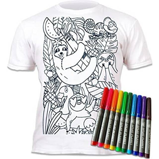 Colour-in Sloth Jungle T-Shirt with 10 Non-Toxic Washable Magic Pens - Colour in and Wash Out T-Shirt (3-4 Years) White