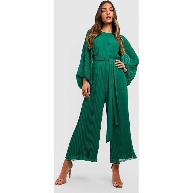 Womens Pleated Long Sleeve Culotte Jumpsuit - Green - 10, Green