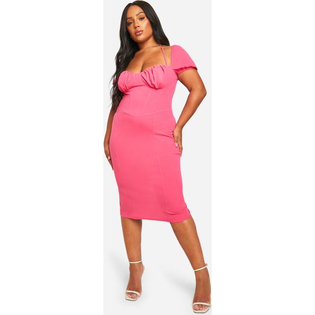 Womens Plus Puff Sleeve Midi Dress - Pink - 24, Pink
